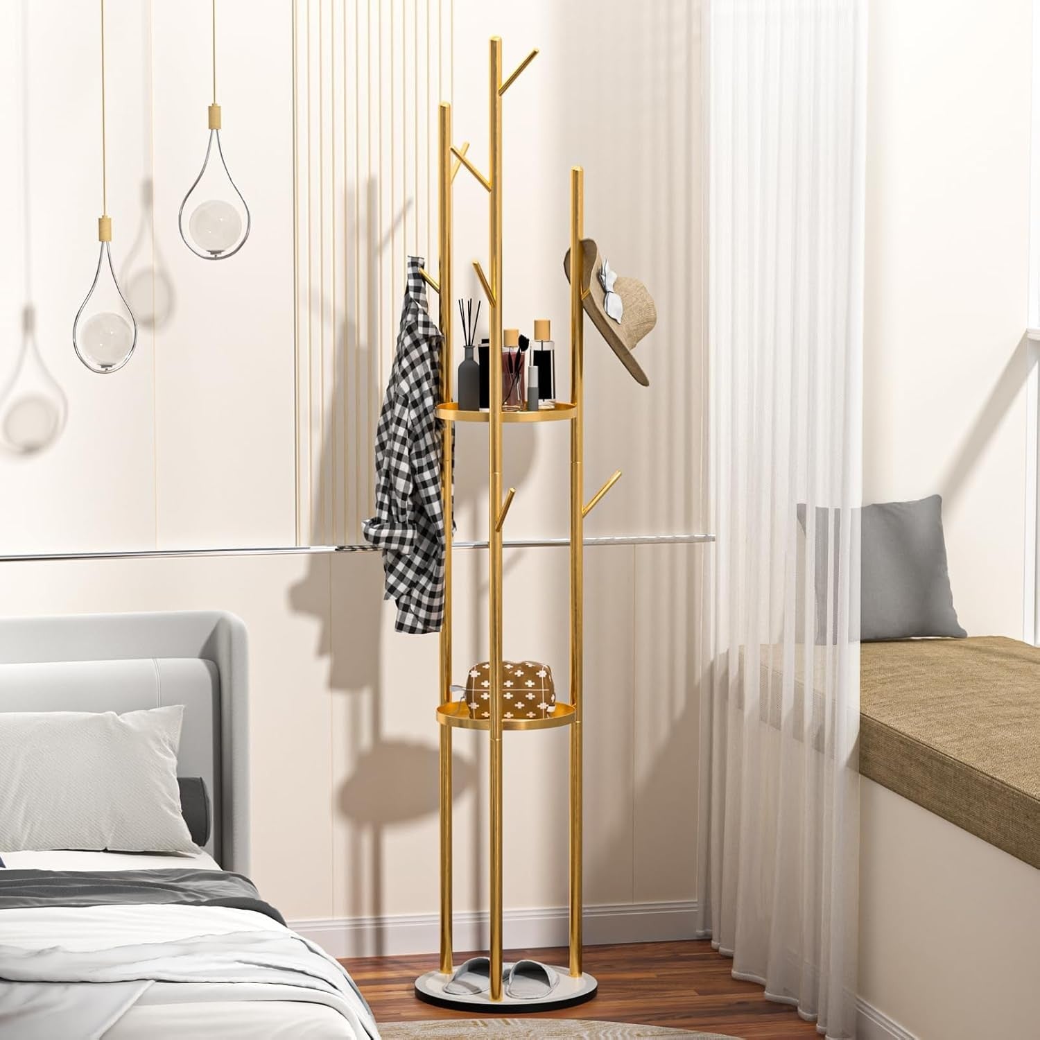 Freestanding Gold Coat Rack with Marble Base | 3 Shelves & Multi Hooks Stand