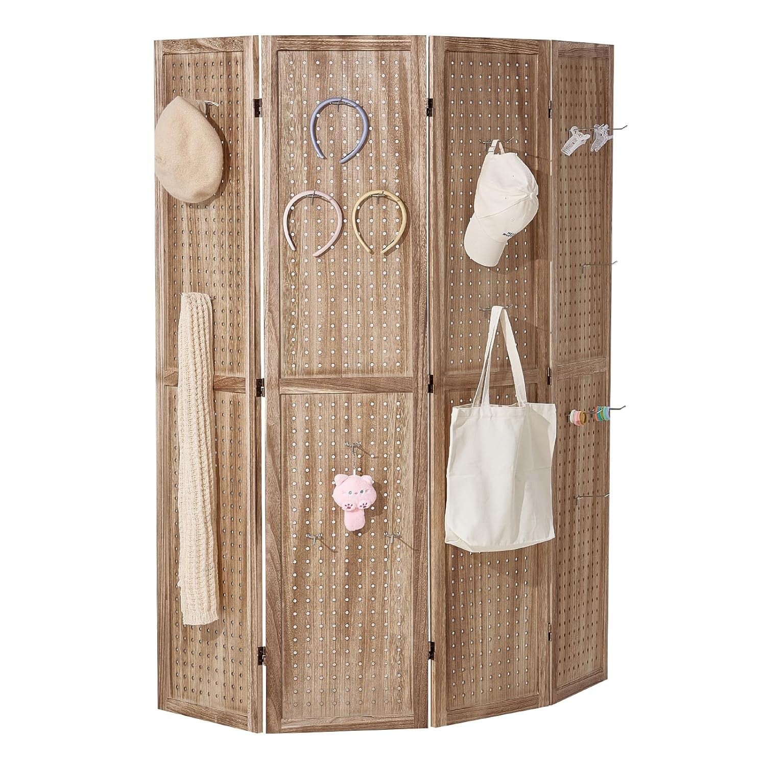 4 Panel Wooden Folding Room Divider Carved Privacy Screen 162x170cm Natural