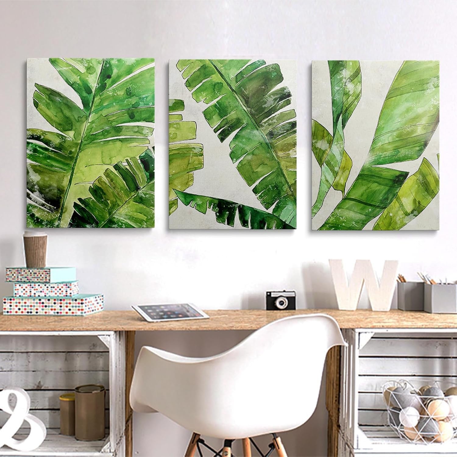 Green Fern Wall Art Set of 3 Framed Canvas 12x16in