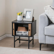 Mid-Century Modern Bedside Table with Sliding Doors & Metal Legs, Black