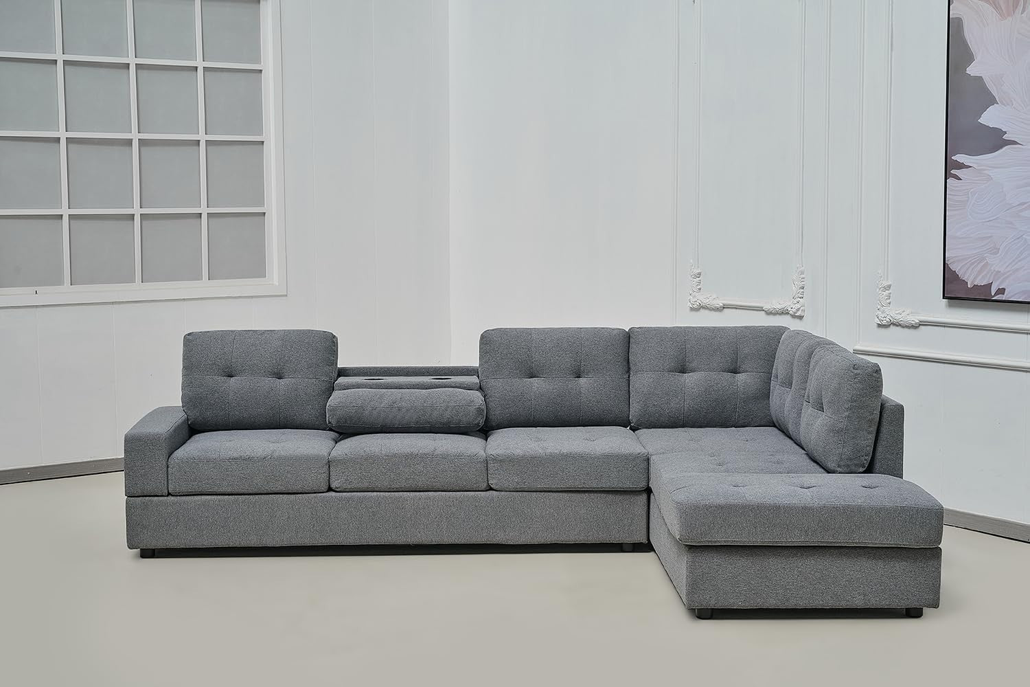 Modern Grey L-Shape Corner Sofa with Ottoman & Cup Holders, Space-Saving