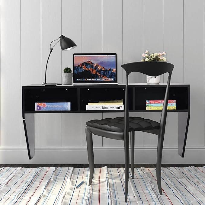 Wall Mounted Floating Computer Desk Laptop Table Storage Shelves Black