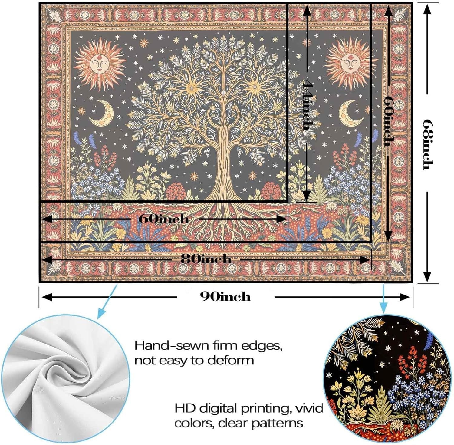 Large Celestial Sun & Moon Tree of Life Tapestry Boho 90x70