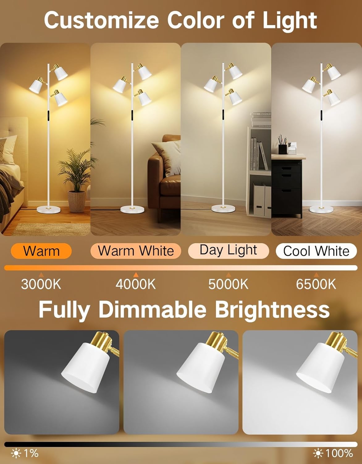 LED Tree Floor Lamp Dimmable Remote Touch 3 Adjustable Modern Light