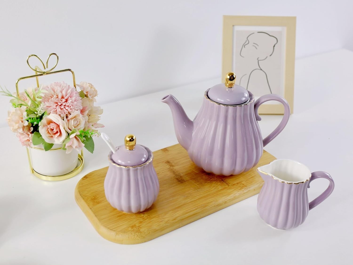 Euro Style Porcelain Tea Set Teapot Milk Jug Sugar Bowl Purple 920ml
