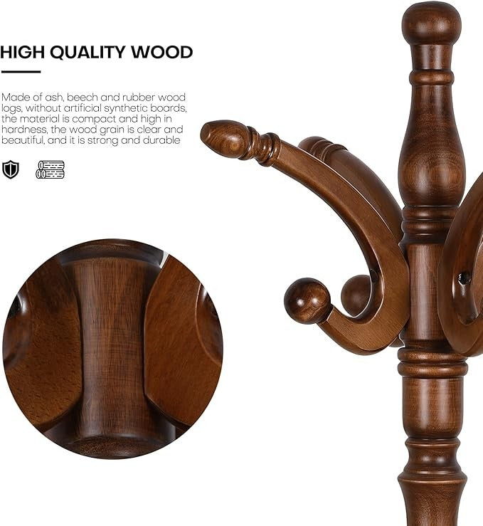 Ash Wood Coat Rack 200cm Freestanding 8 Hooks Vintage Hall Tree Stand