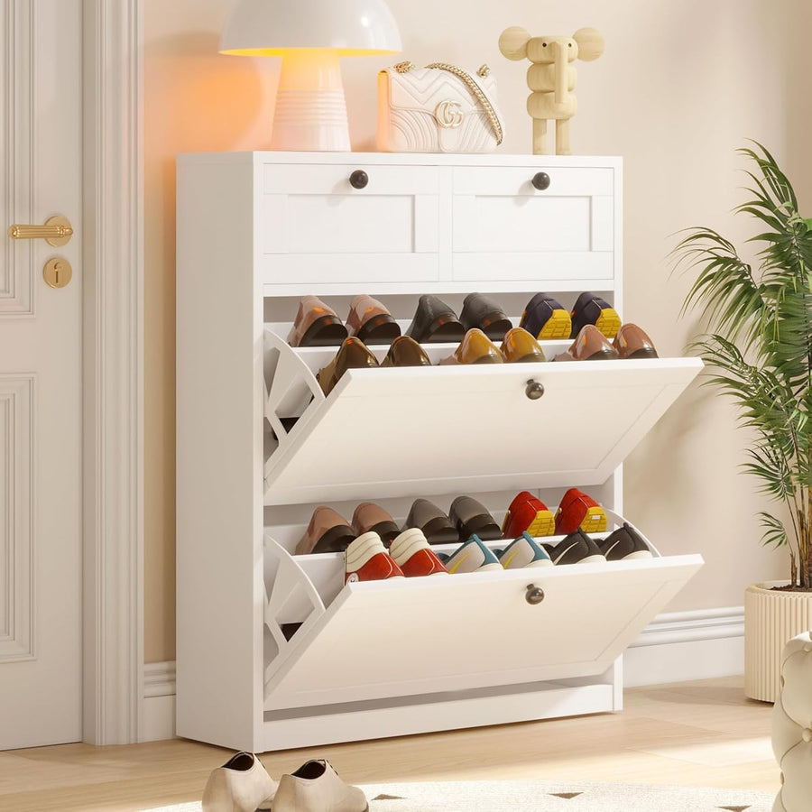 Slim 2 Flip Drawer Shoe Cabinet with Adjustable Shelves & Storage Drawers