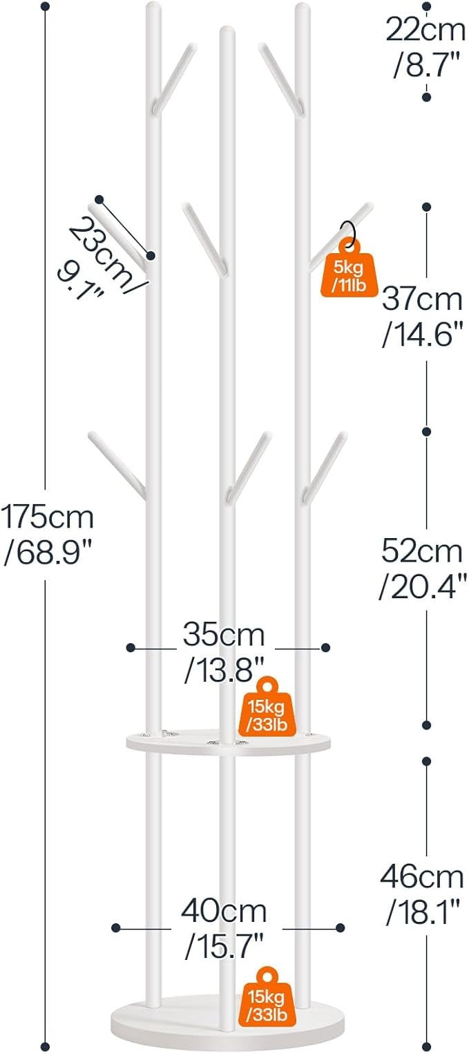 White Freestanding Coat Rack with 8 Hooks & Shelves | Modern Hall Tree Stand