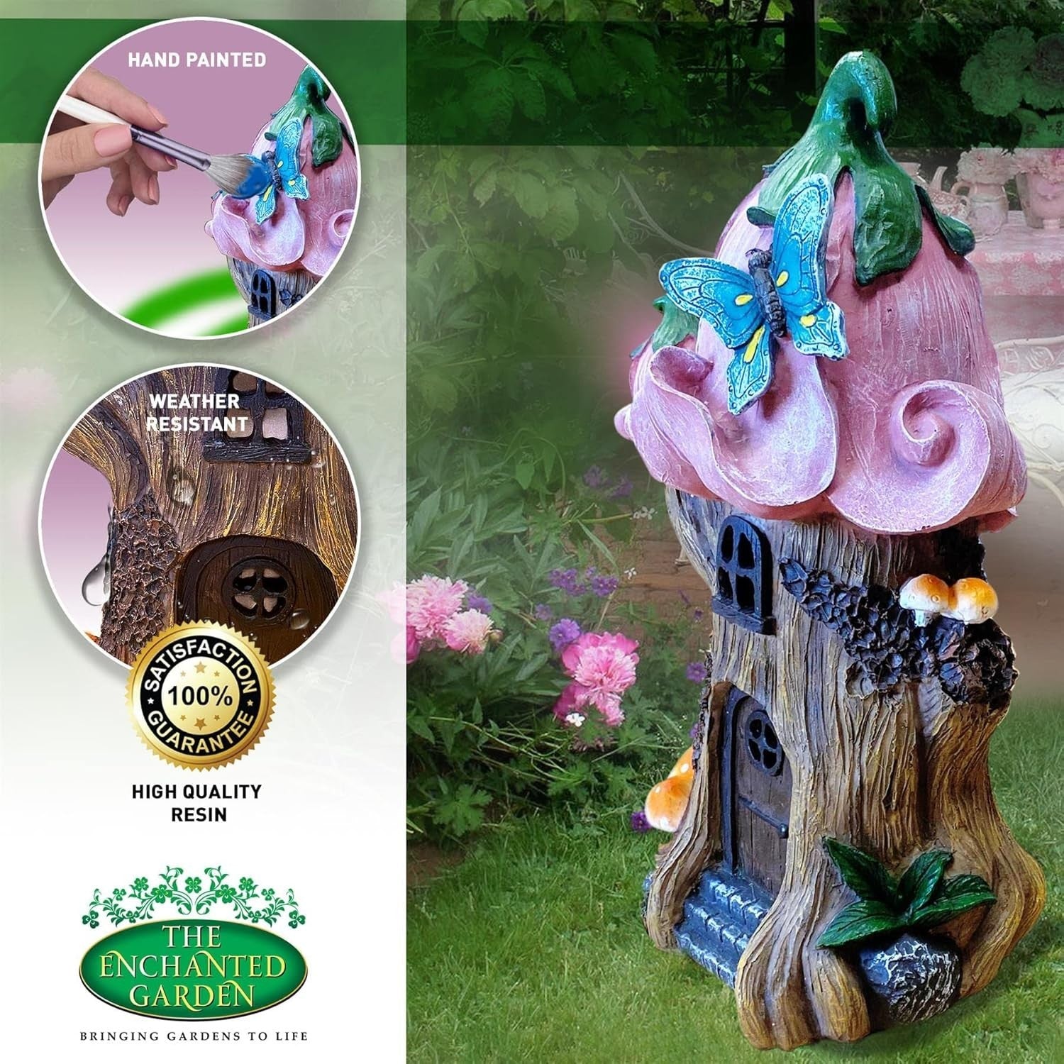 Solar Fairy House Garden Ornament Pink Flower LED Resin Patio Décor 27cm