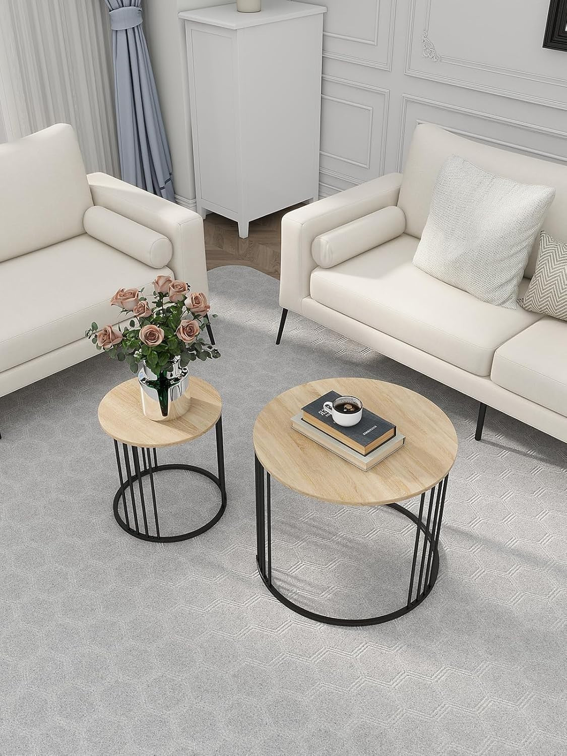 Nesting Coffee Table Set Wood Top Sled Base Modern Living Room Home Furniture