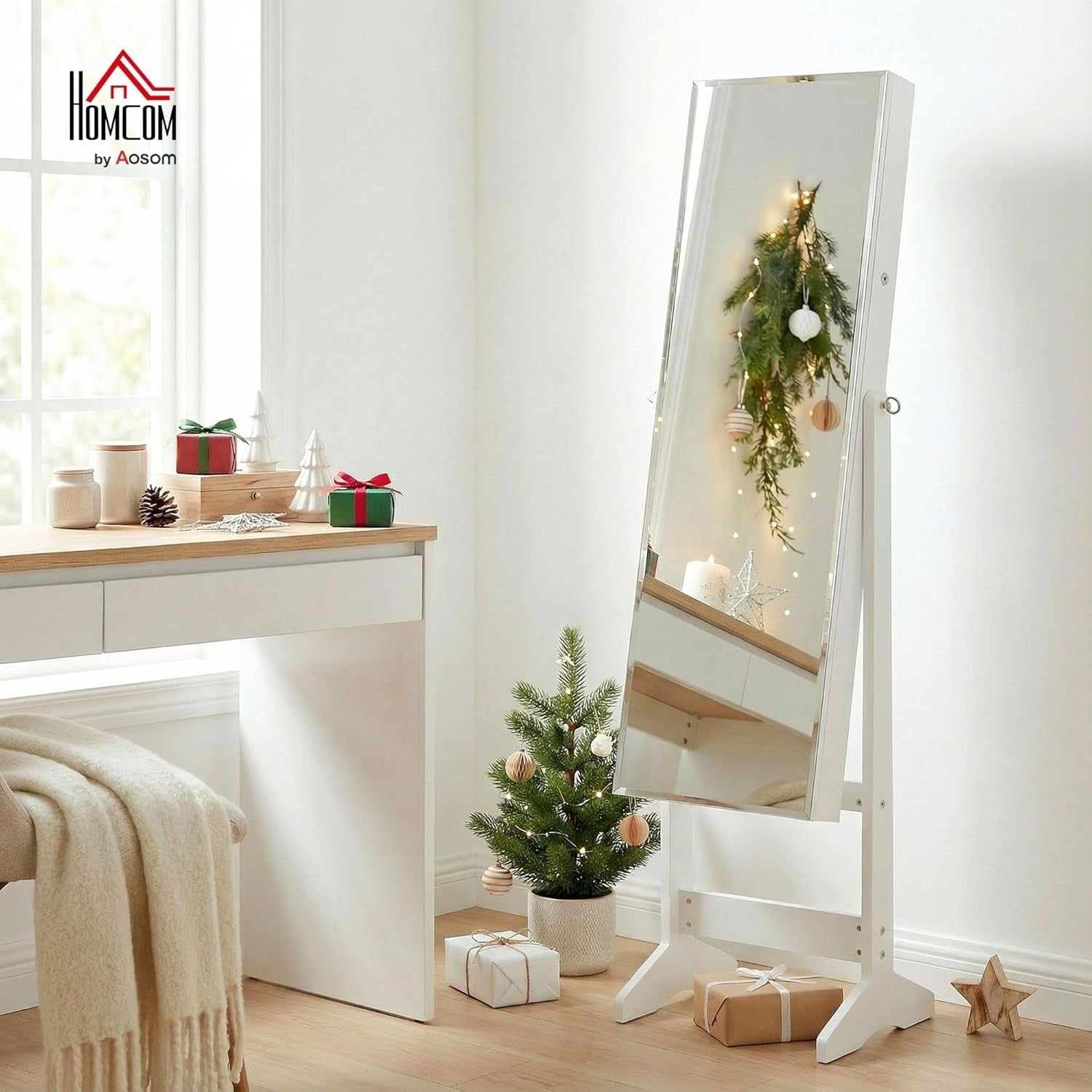 Standing Jewelry Cabinet Full Length Mirror Lockable Storage Organizer White