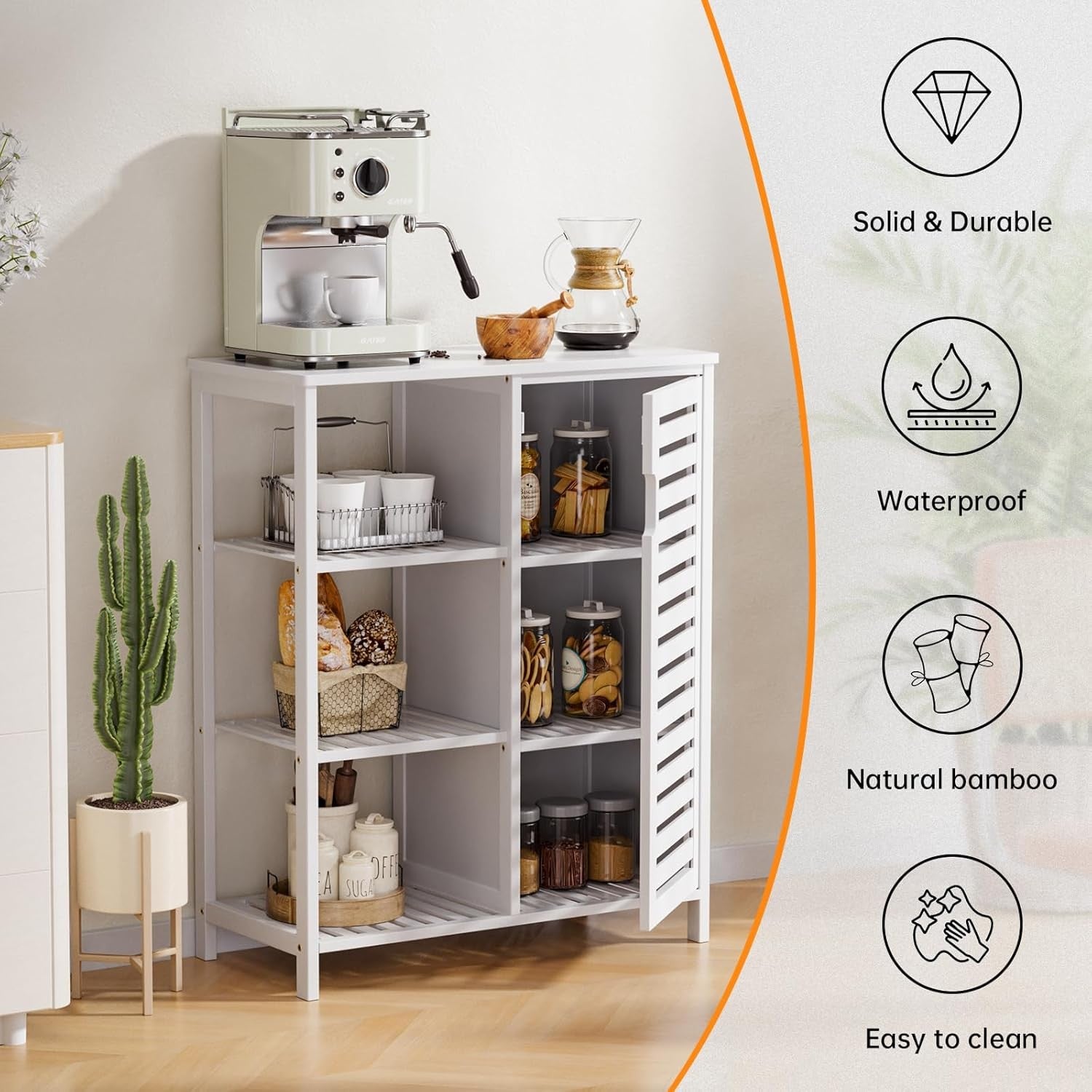White Bamboo Storage Cabinet with Shelves Modern Cupboard 63x33x87cm