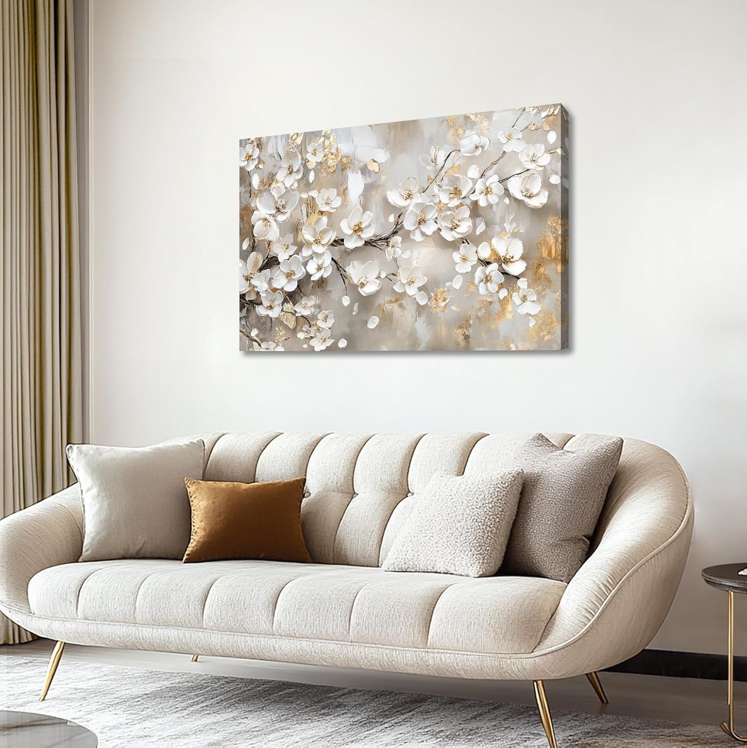 Large White Floral Canvas Wall Art 120x80cm Framed