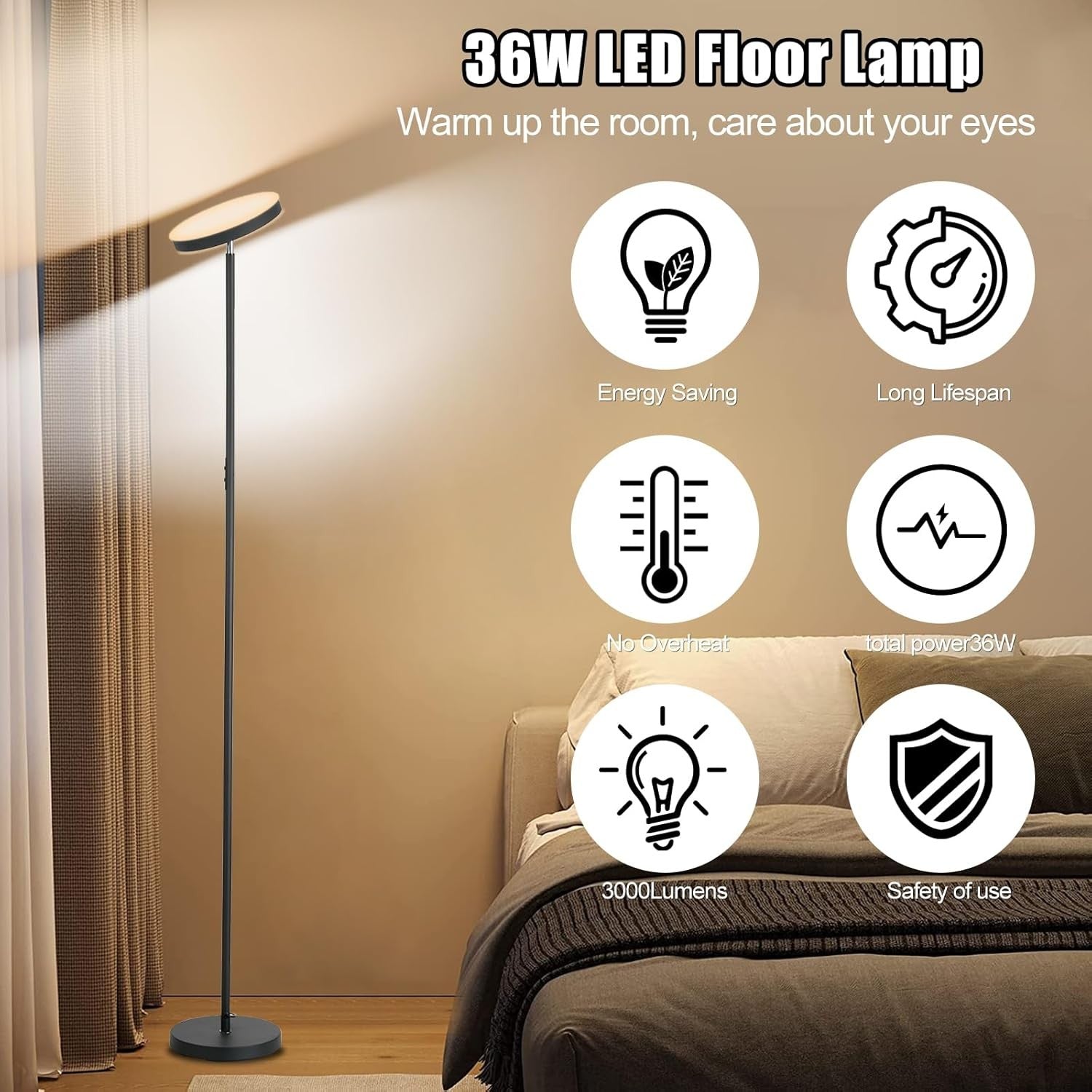 LED Floor Lamp 36W 3600LM Dimmable Torchier with Reading Light Remote