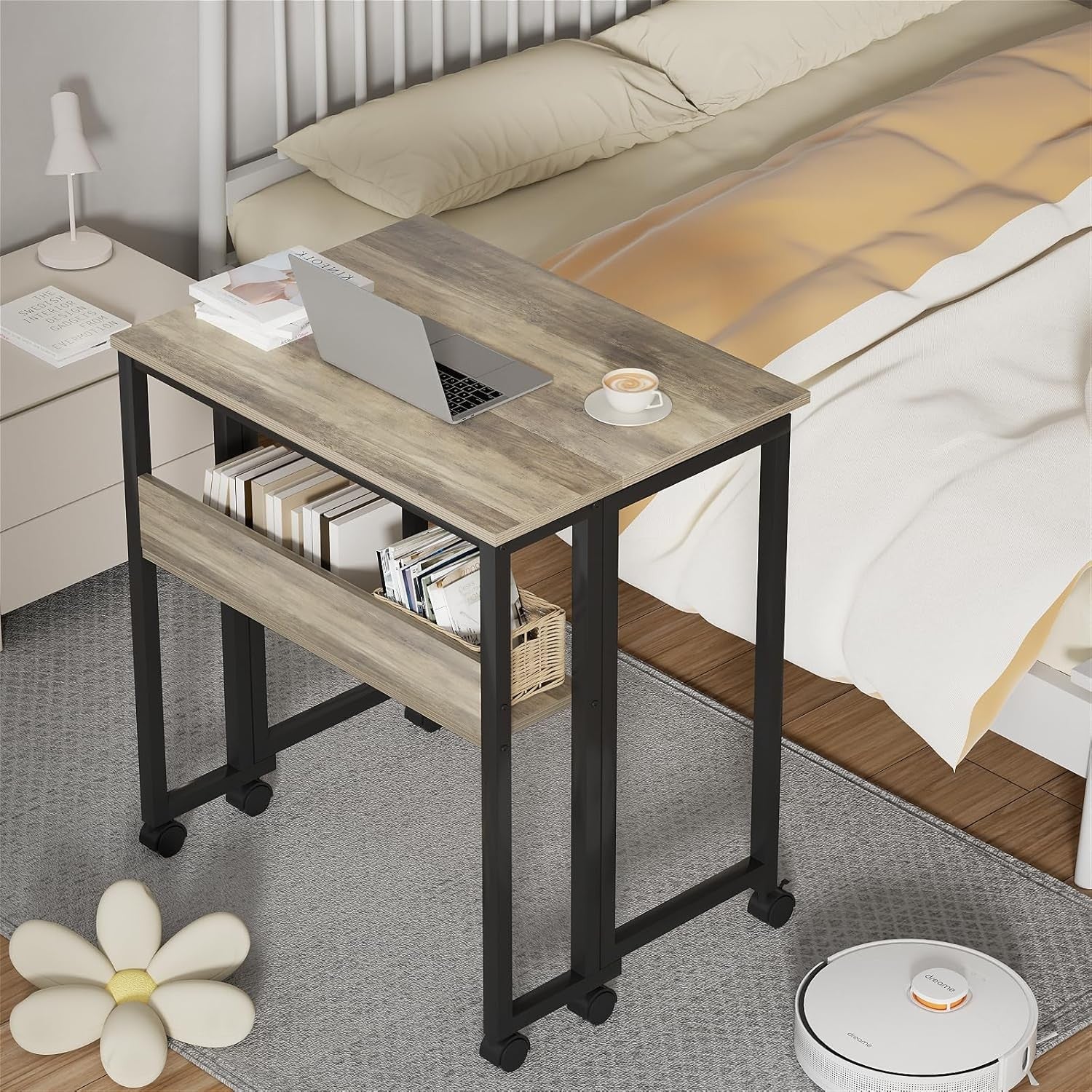 Small Folding Computer Desk on Wheels with Storage Shelf Space Saving