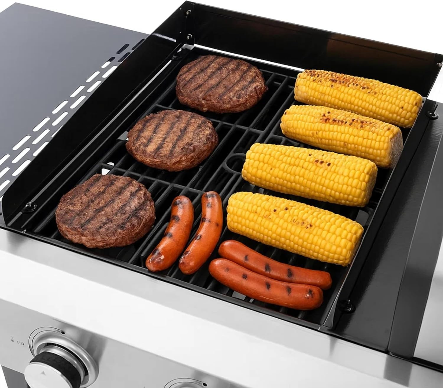 3-in-1 Gas BBQ Grill with Pizza Oven & Hot Plate | 4 Burner | Foldable Shelves