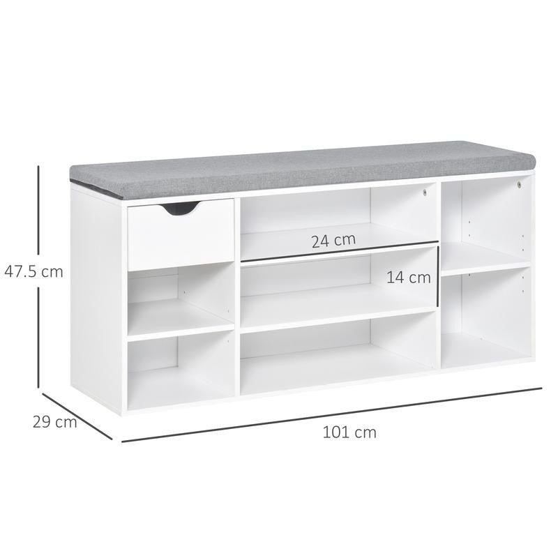 White Shoe Bench Seat with Drawer & 7 Adjustable Storage Compartments