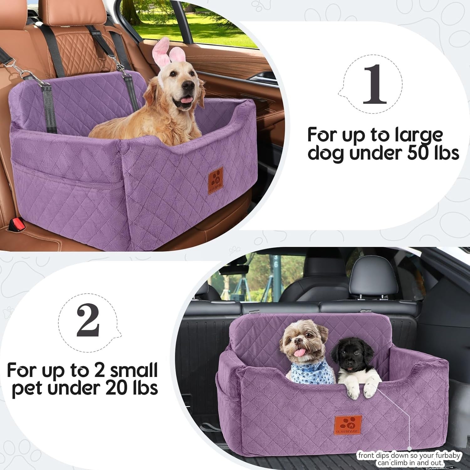 Purple Dog Booster Car Seat Memory Foam Travel Bed Washable 50lb