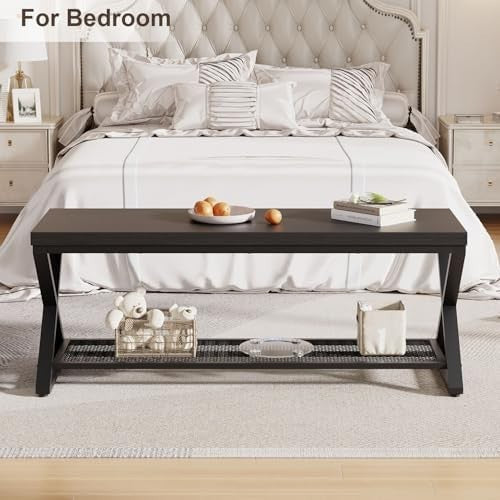 Black Oak Industrial Entryway Storage Bench Metal Frame Shoe Rack Seat 119x36x46