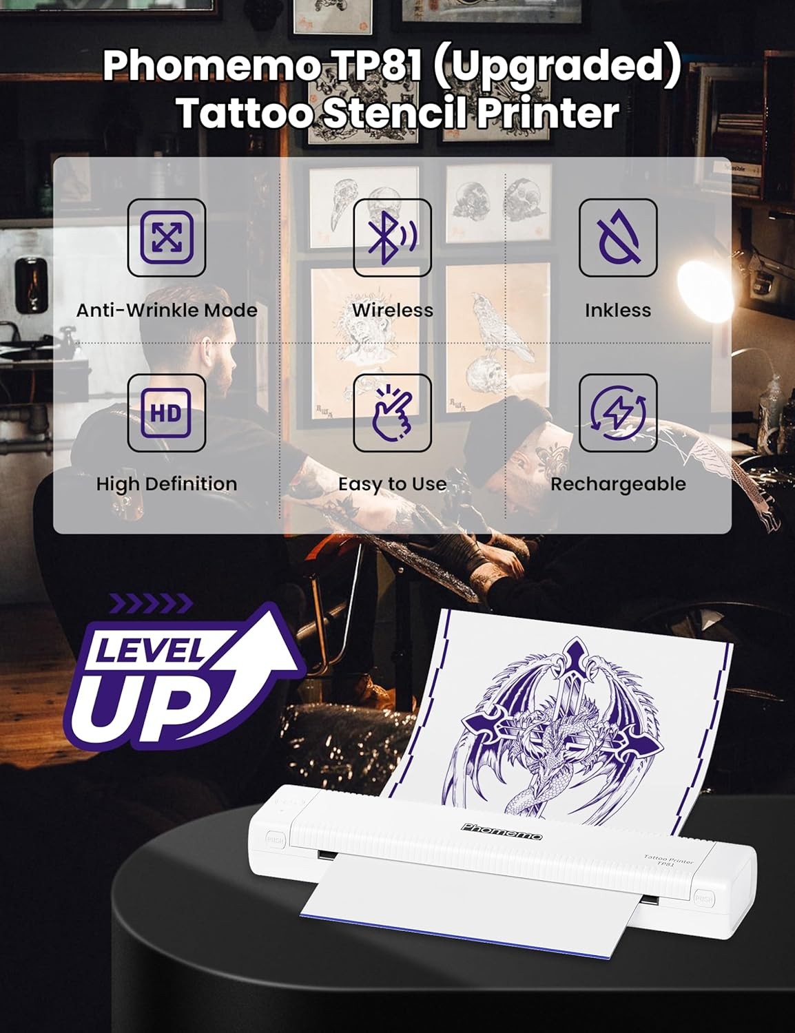 Phomemo TP81 Bluetooth Tattoo Printer Thermal Stencil Machine + 10 A4 Paper
