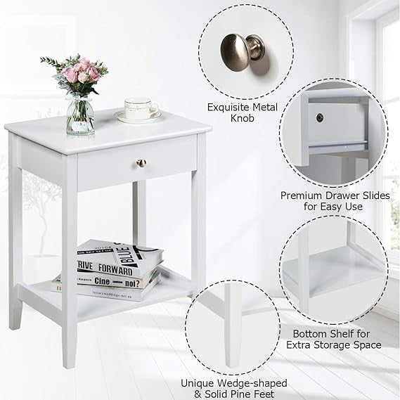 White Wooden Bedside Table with Drawer & Shelf | Compact Modern Nightstand