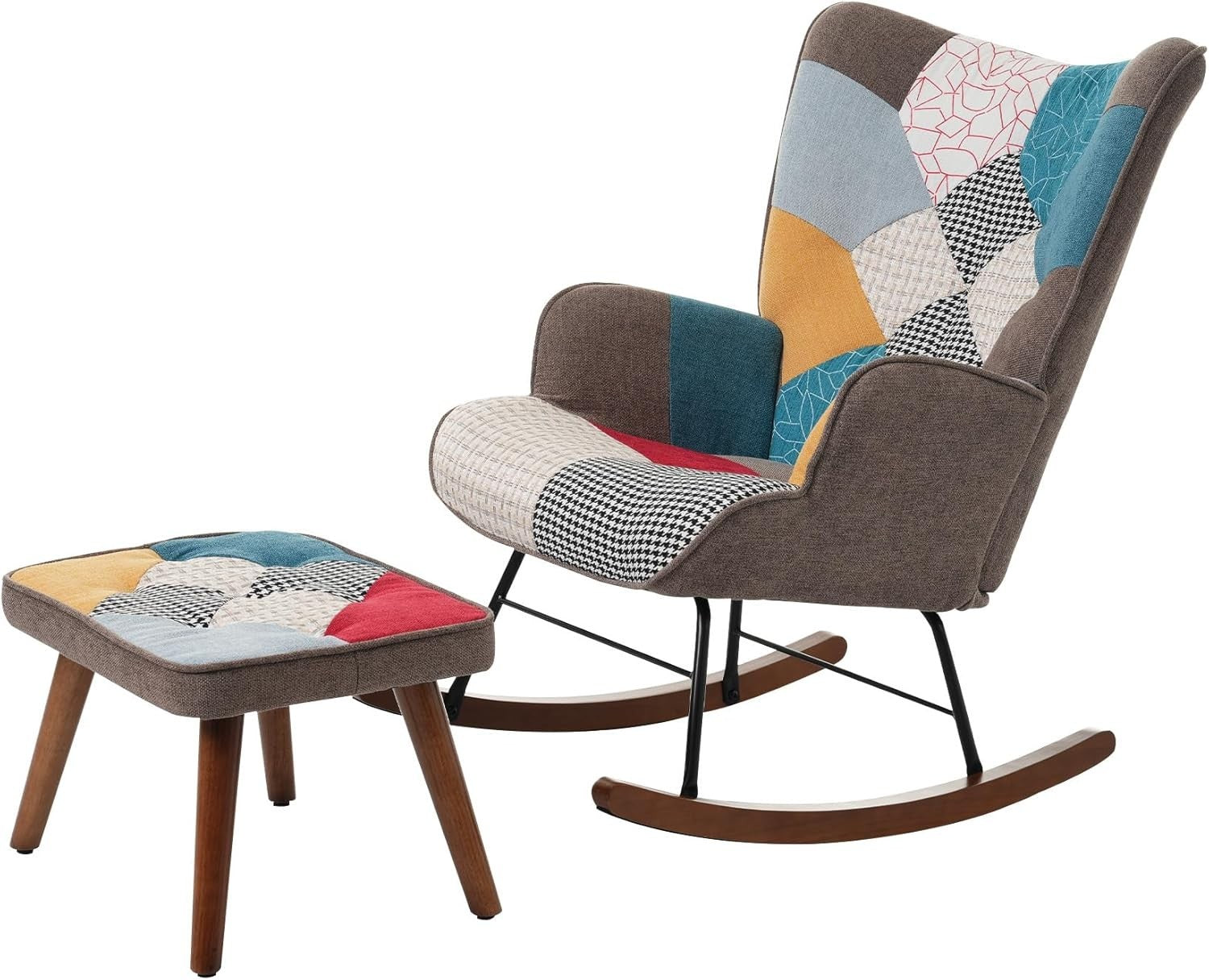Ergonomic Rocking Chair with Neck Pillow & Footstool, Solid Wood Legs
