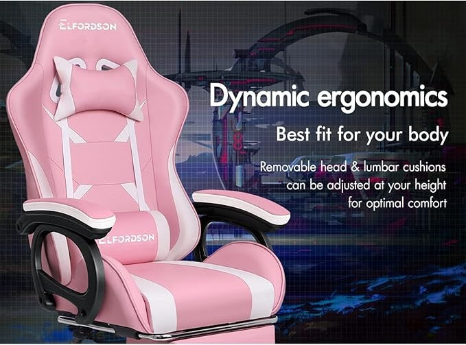 ELFORDSON Gaming Chair w/ 2-Point Massage Lumbar Pink