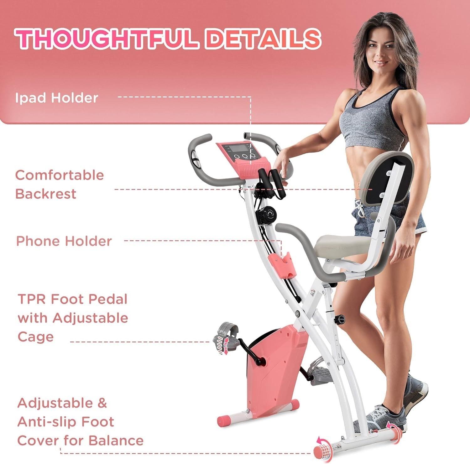 Pink 3-in-1 Folding Exercise Bike Magnetic Resistance LCD Pulse & Bands