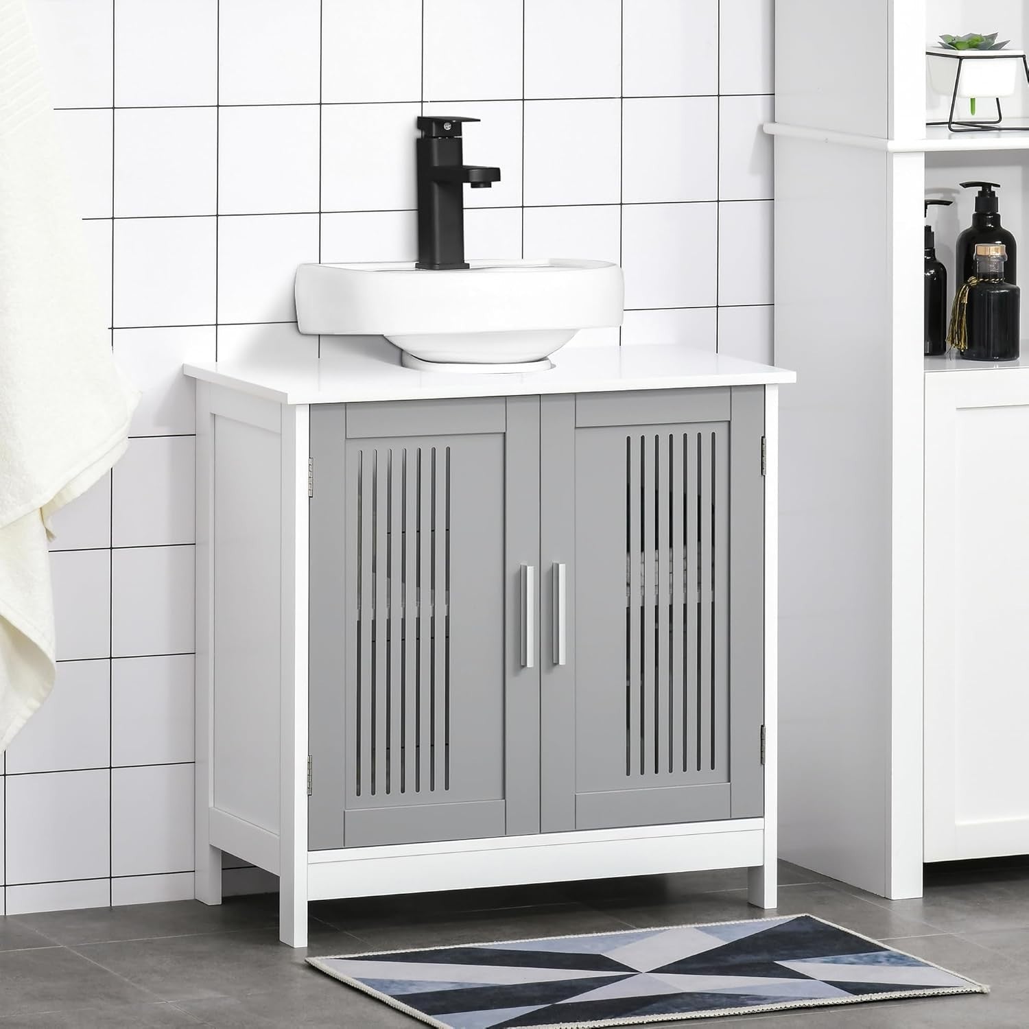 Grey Under Sink Bathroom Cabinet Storage Unit 2 Door Vanity Shelf 60x60cm