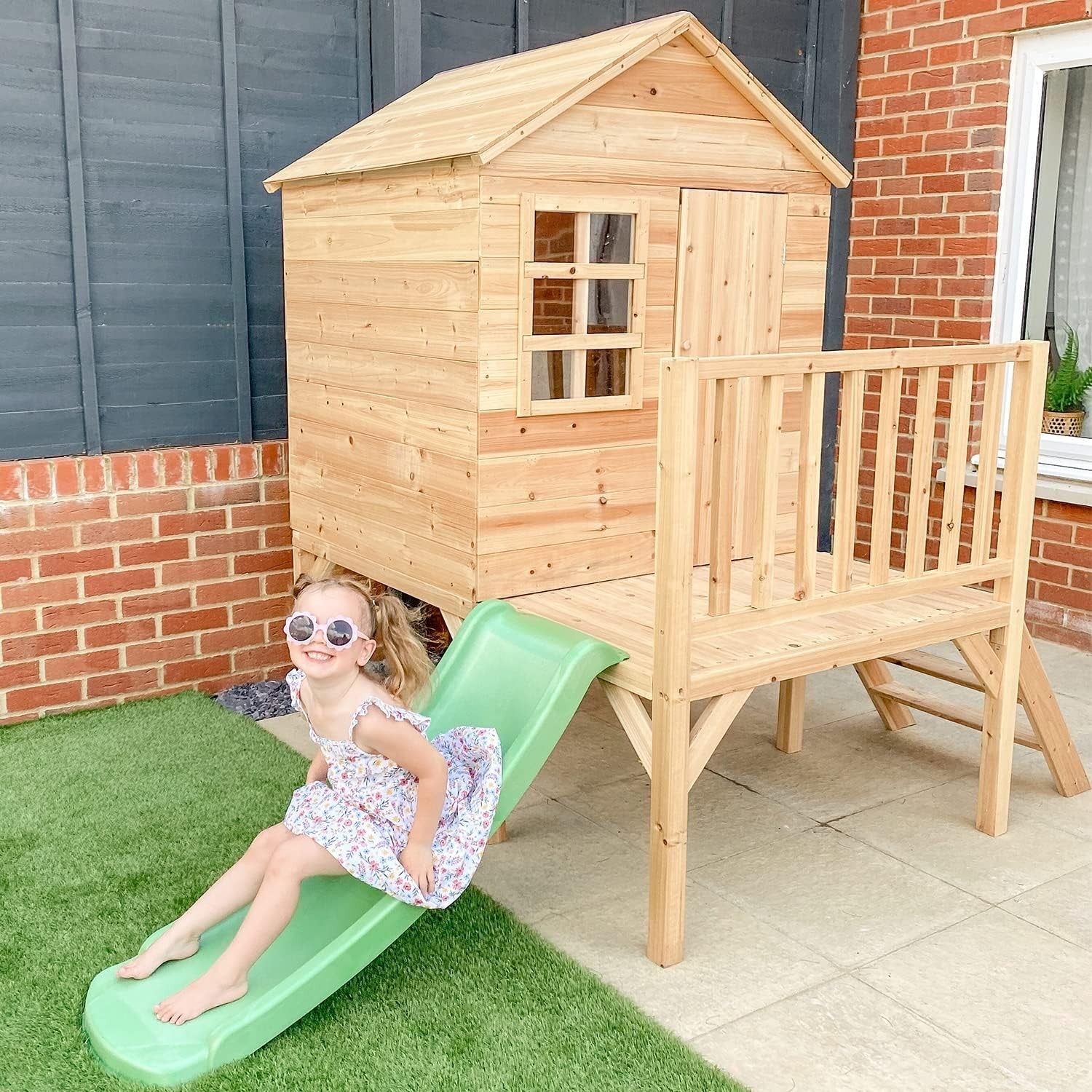 Wooden Kids Playhouse Tower with Slide Outdoor Garden Play Set