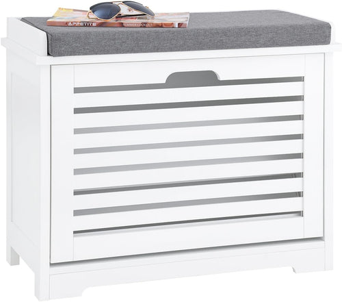 White Shoe Storage Bench with Cushion | Flip Drawer Hallway Seat Unit