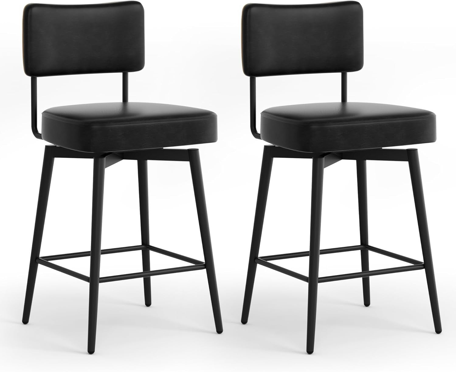 Swivel Bar Stools Set of 2 | Black PU Leather L-Shaped Counter Chairs