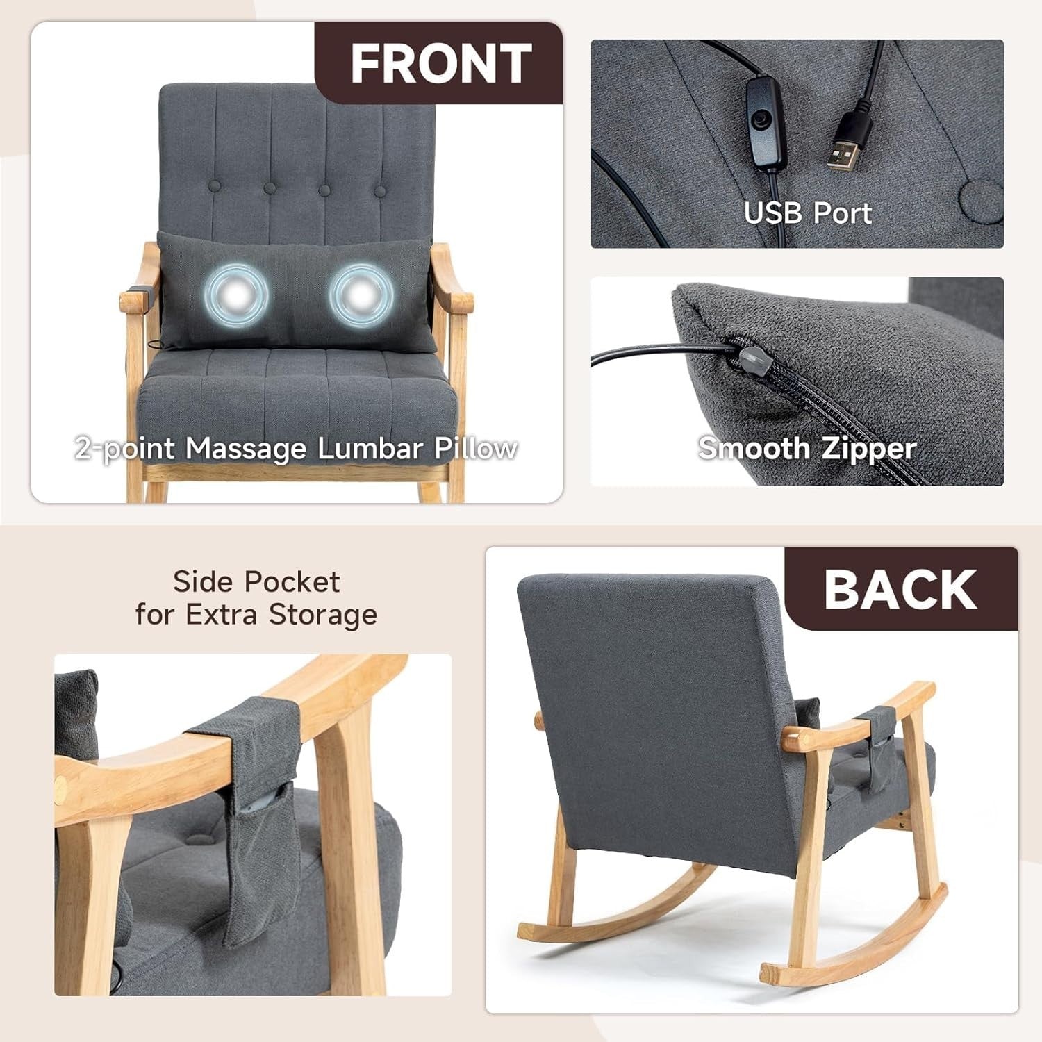 Massage Rocking Chair Grey – High Back, Comfy Support, Petite Fit, 330lbs