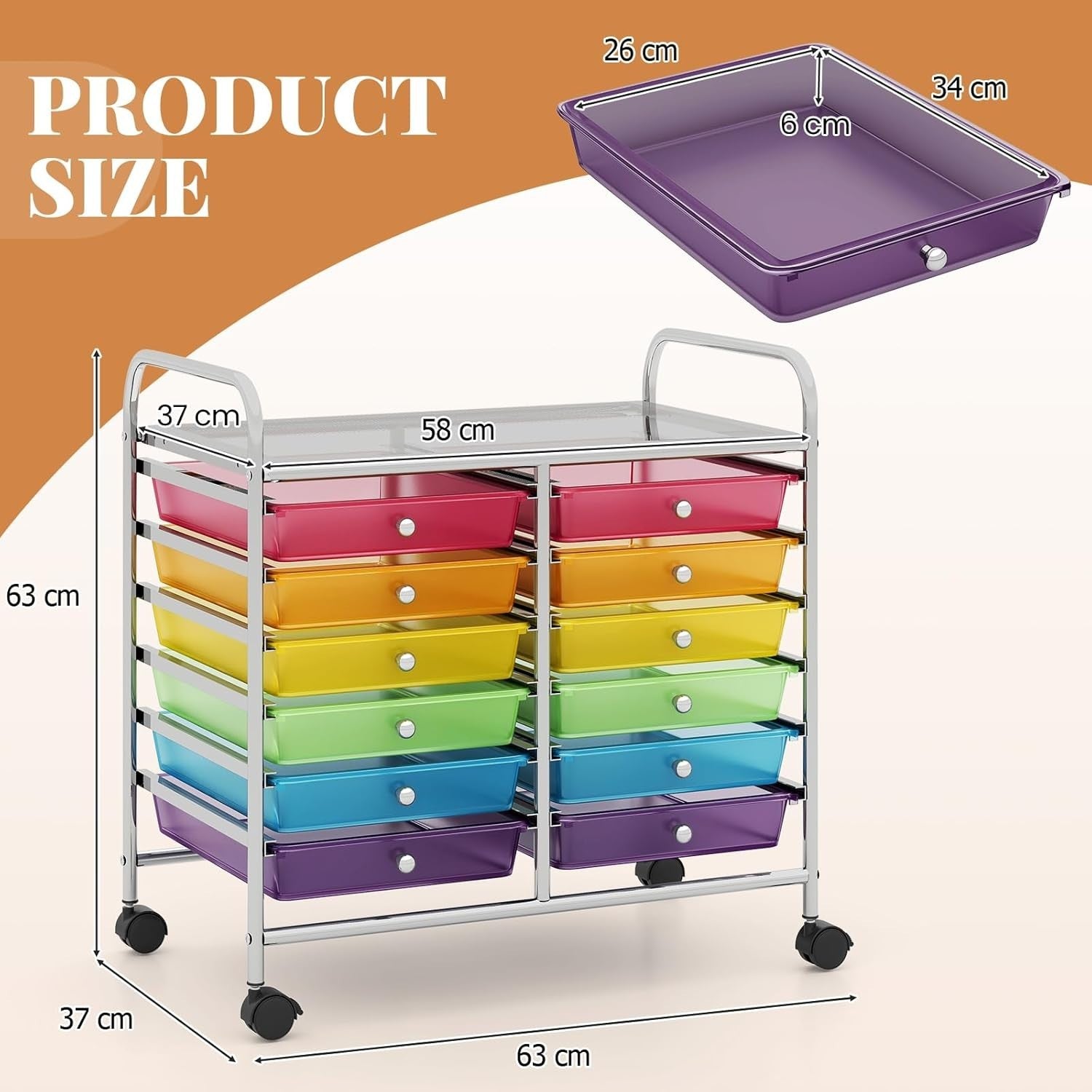 12 Drawer Rolling Storage Cart Rainbow Utility Trolley Organizer Wheels