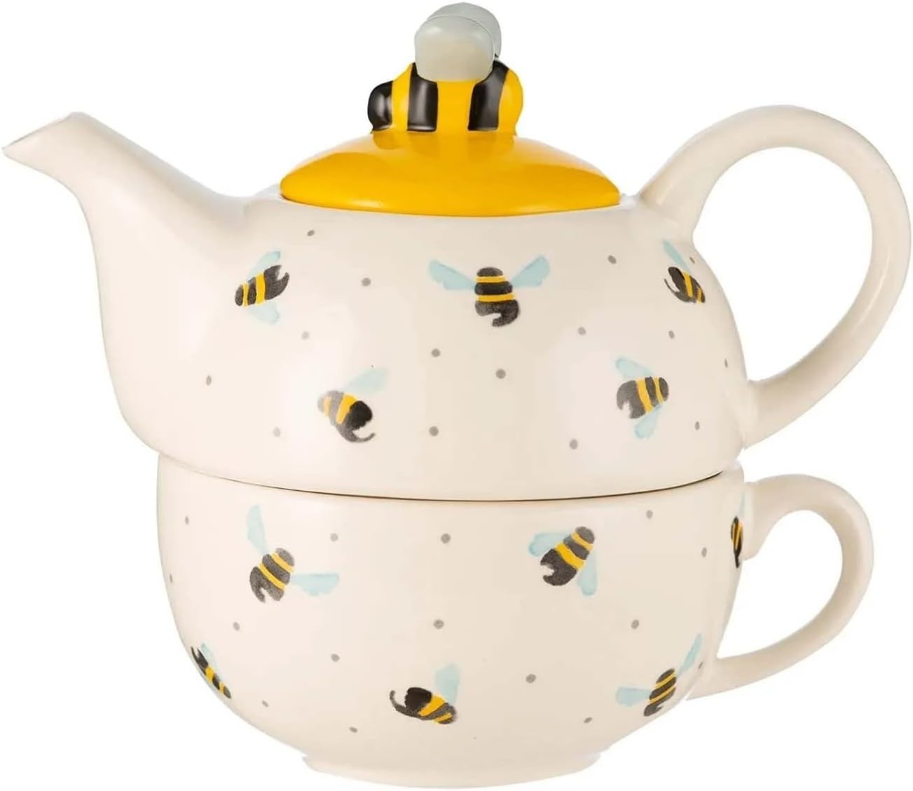 Tea For One Teapot Cup Set 450ml Bee Design Ceramic Stackable Gift