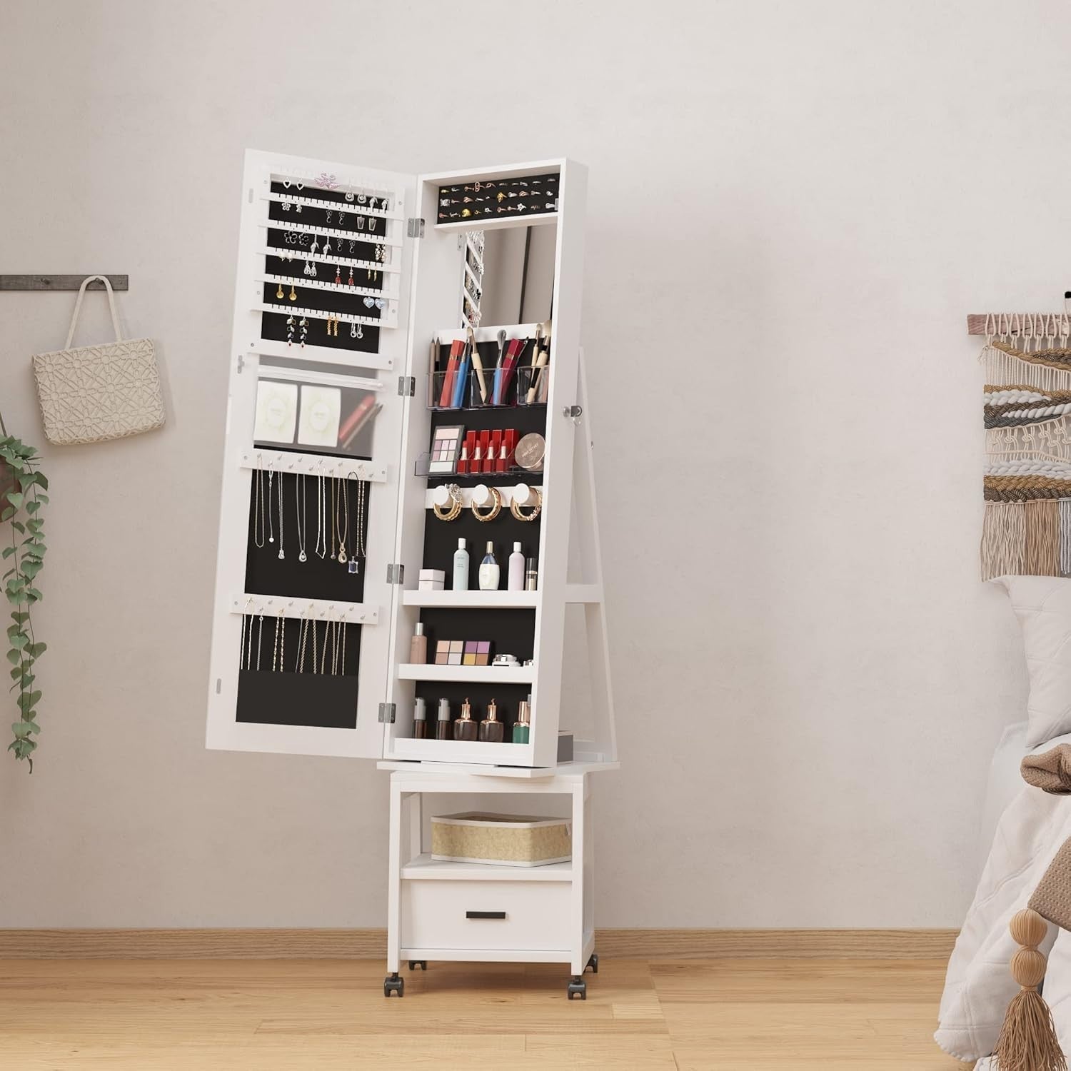 White 360° Rotating Jewellery Cabinet Full Length Mirror Lockable