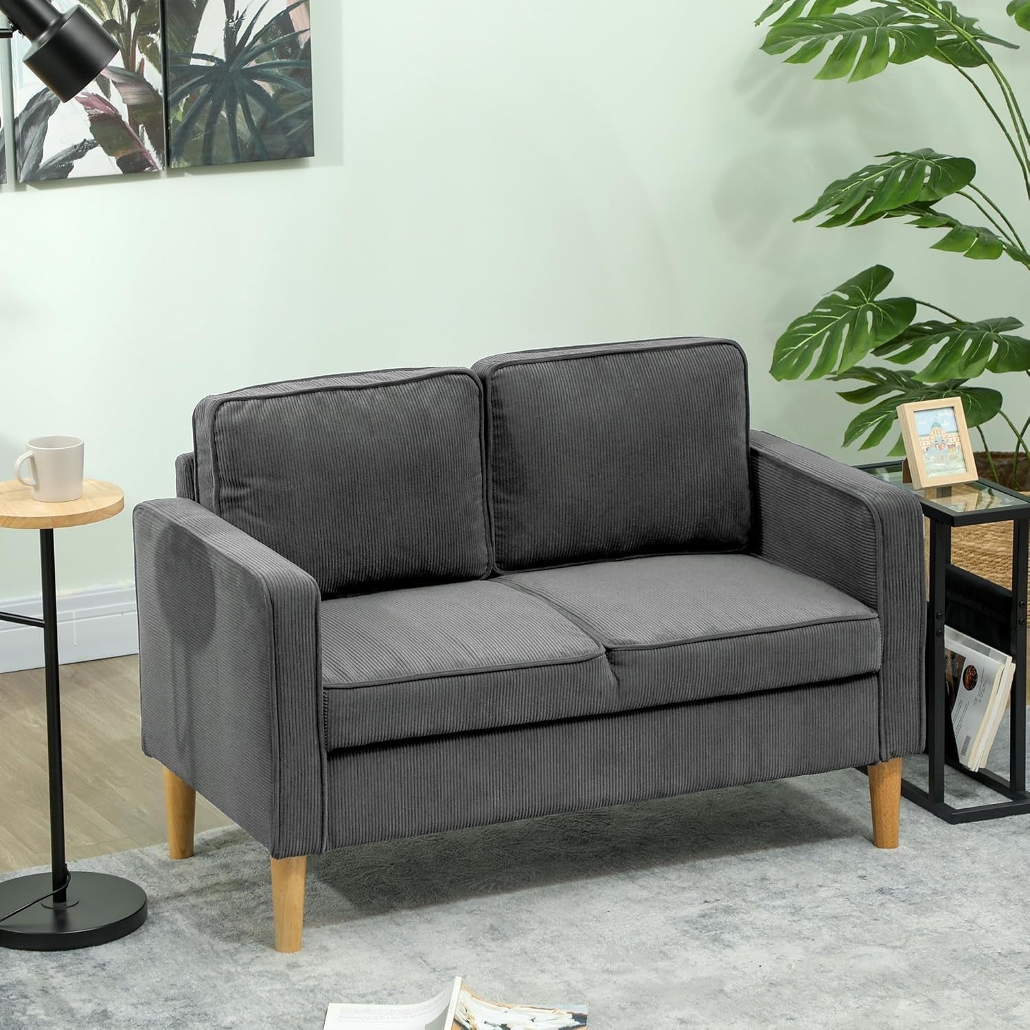 2 Seater Sofa with Storage Grey – Small Space Couch with Wood Legs