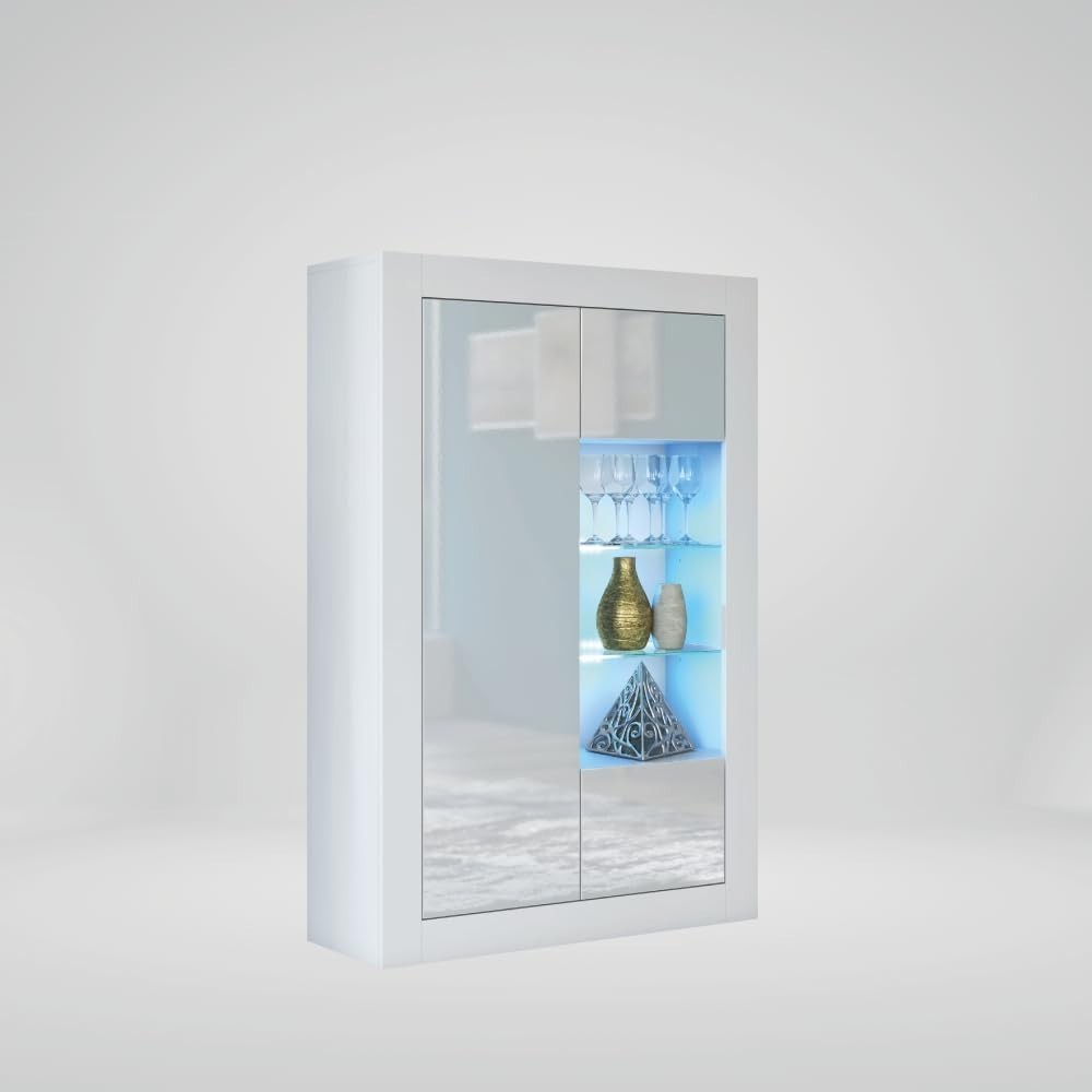 White LED Display Cabinet Gloss Sideboard Modern Storage 140cm Shelves