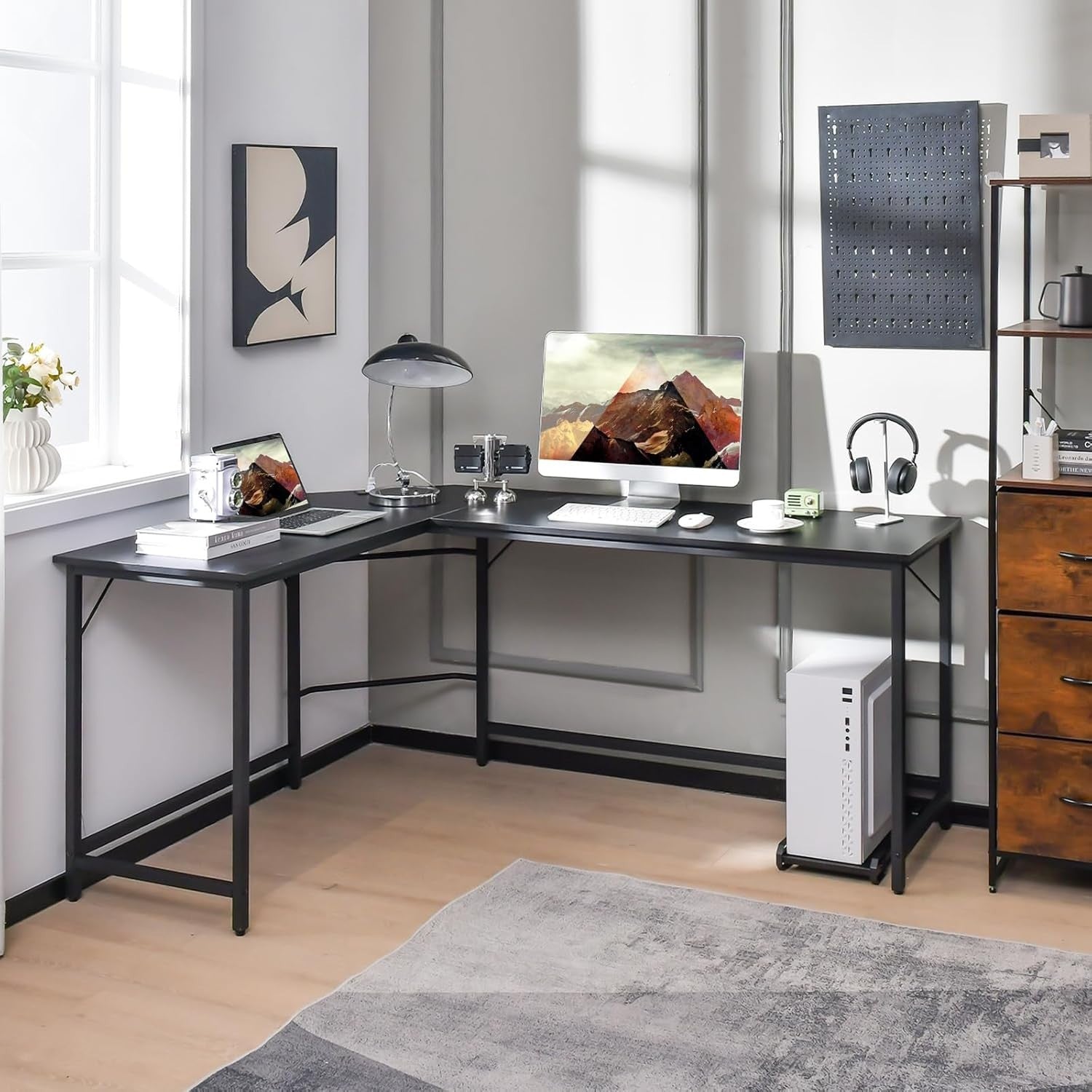 Black L-Shaped Desk 168cm Corner Computer Table with CPU Stand Office