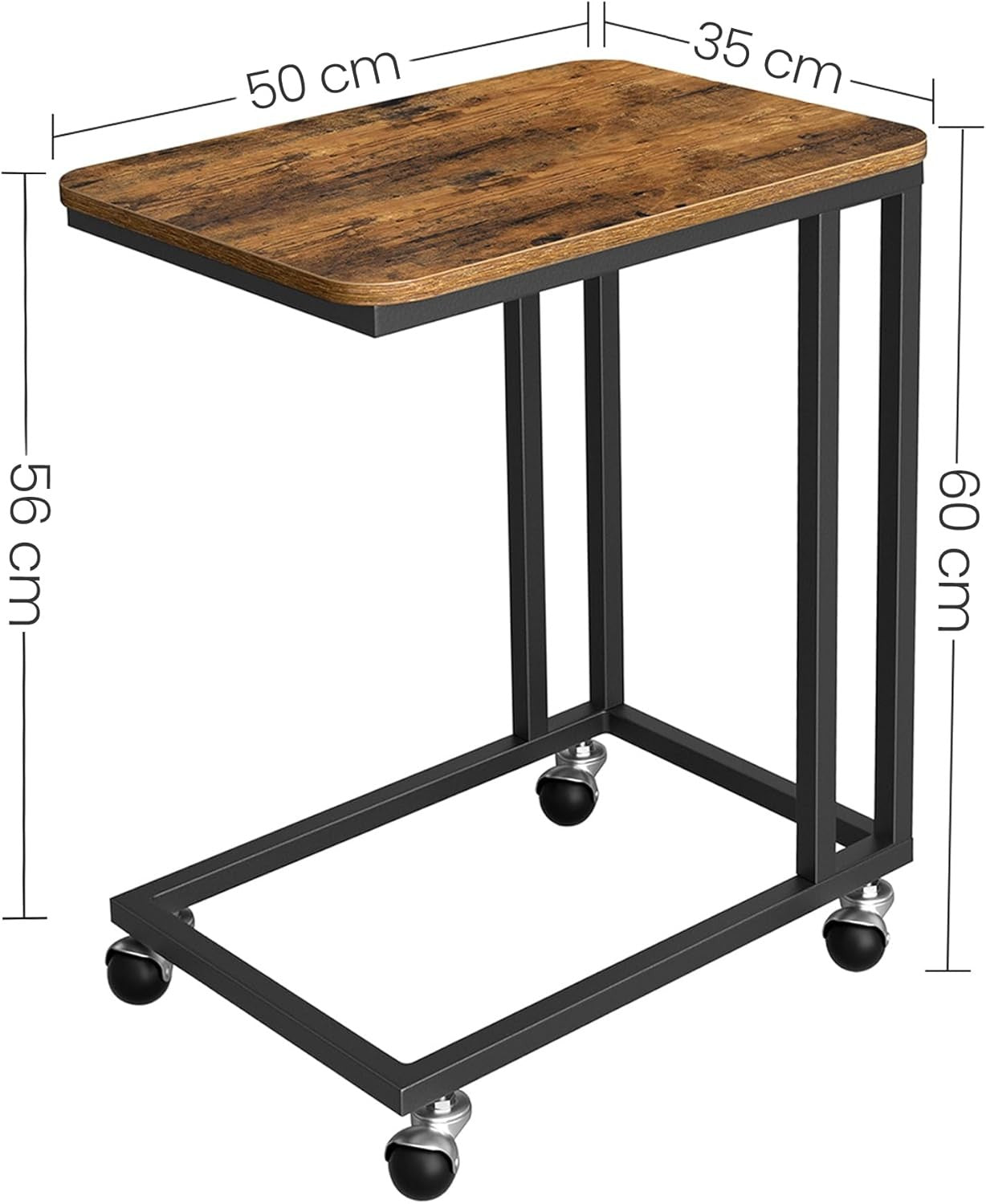 Industrial C Side Table with Wheels, Rustic Wood Top, Sofa Laptop Stand