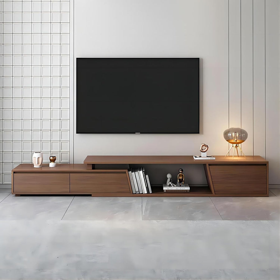 Extendable Walnut TV Stand Up to 110" with 3 Drawers & Storage Shelf
