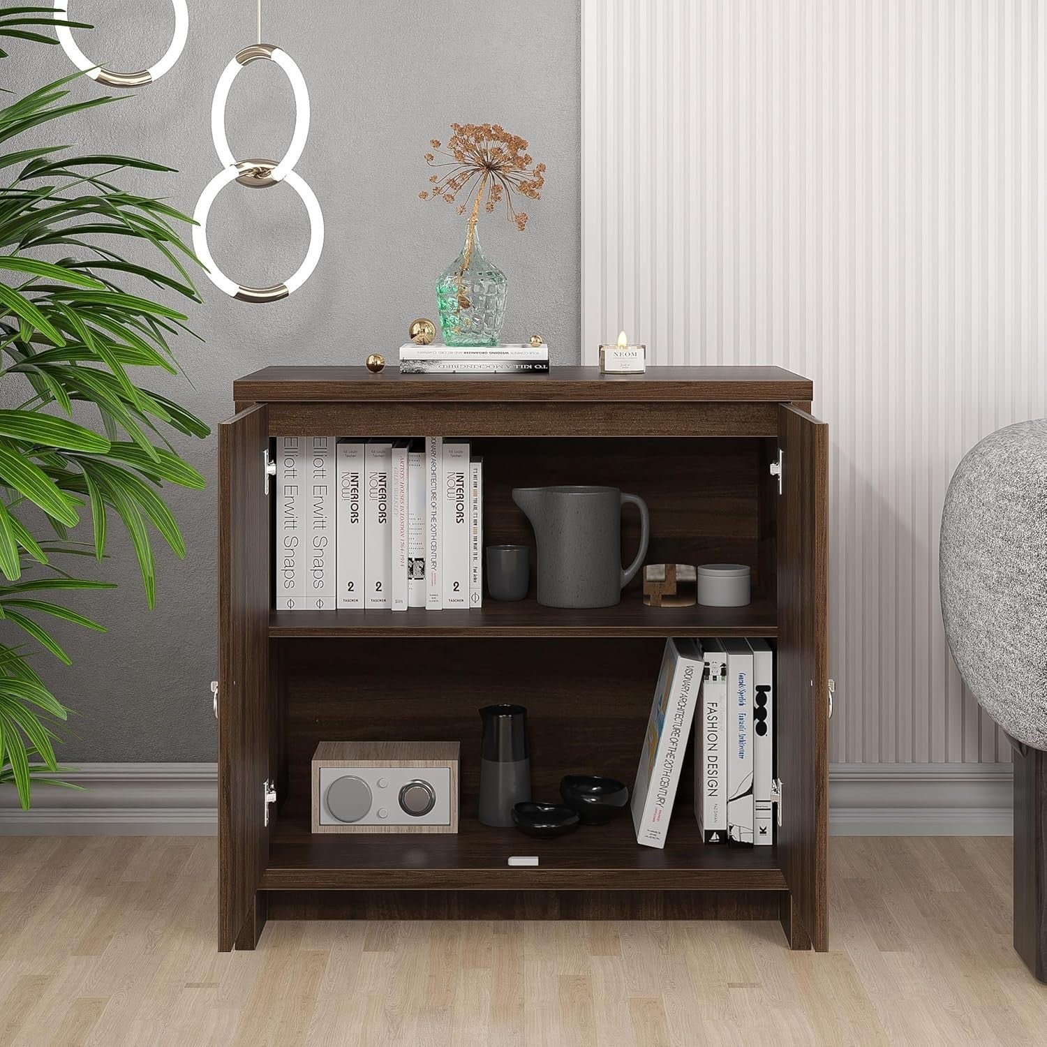 Walnut Mirrored Sideboard Cabinet 2 Door Storage Laser Cut Design