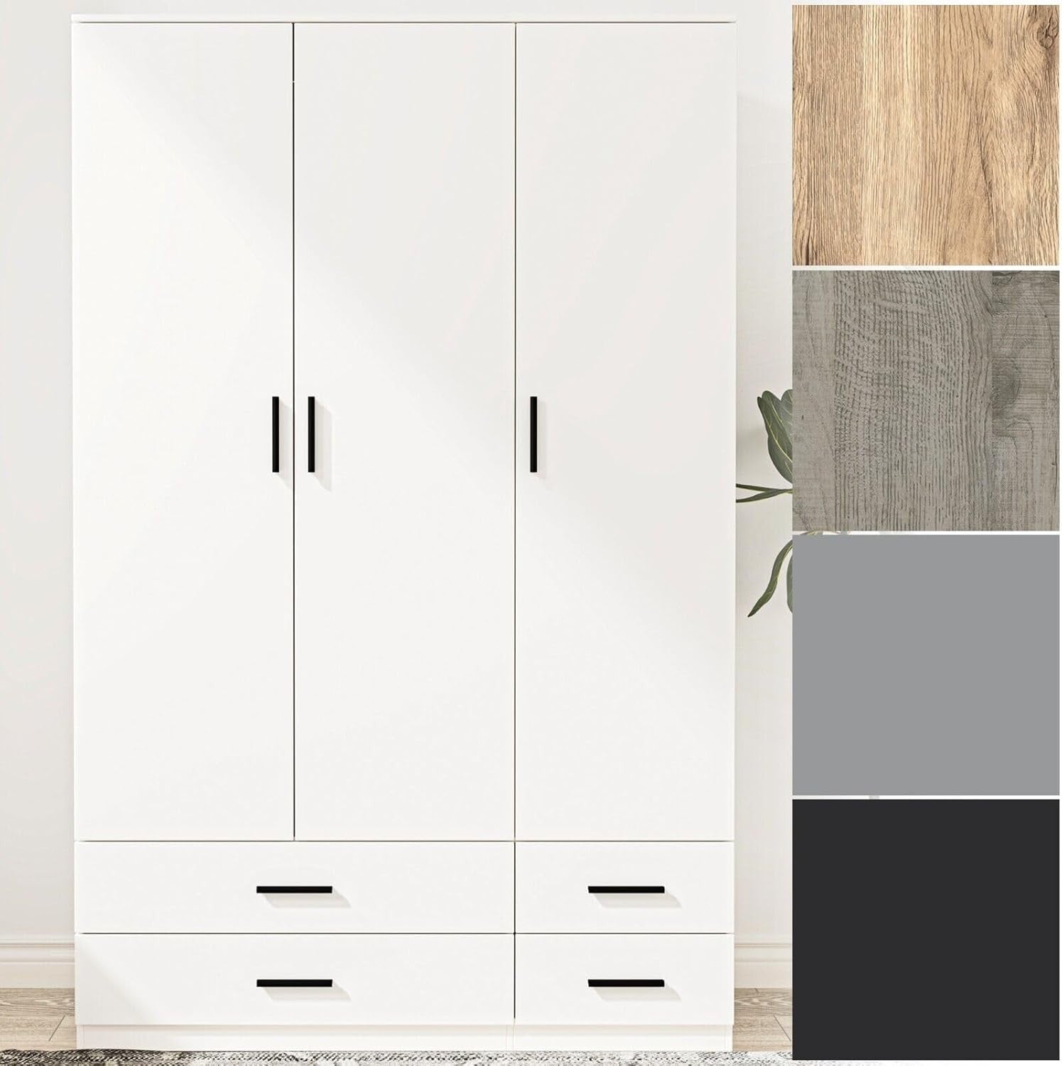 White 3 Door Wardrobe with 4 Drawers Modern Bedroom Storage Cupboard