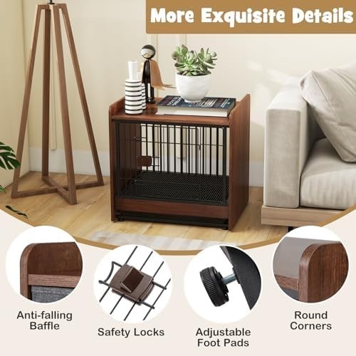 Wooden Dog Crate Furniture with Lockable Door, Tray & Foot Pads for Small Dogs