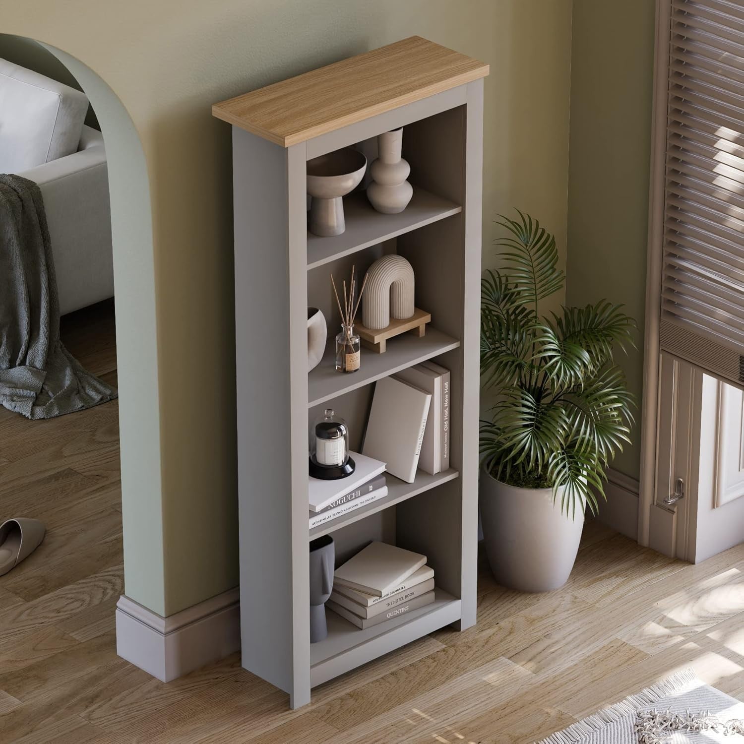 4 Tier Grey Oak Ladder Bookcase – Modern Display Storage Shelf Unit 140cm