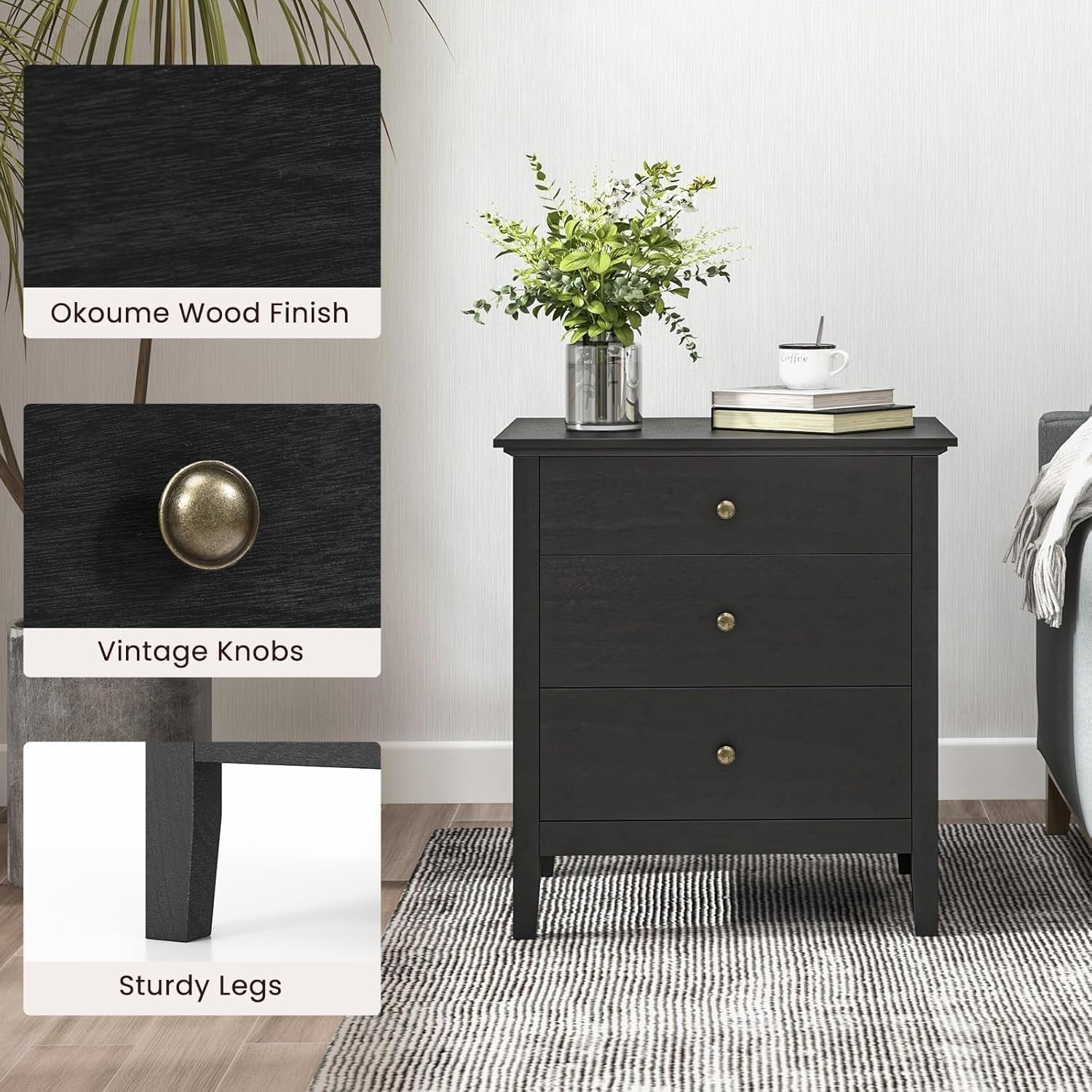 Black Wooden 3 Drawer Bedside Table | Modern Storage Cabinet