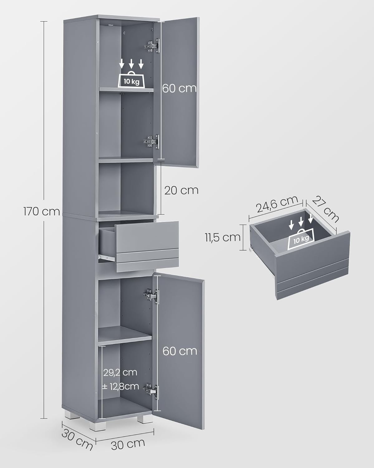 Tall Slim Bathroom Storage Cabinet Grey Cupboard with Drawer & Shelves