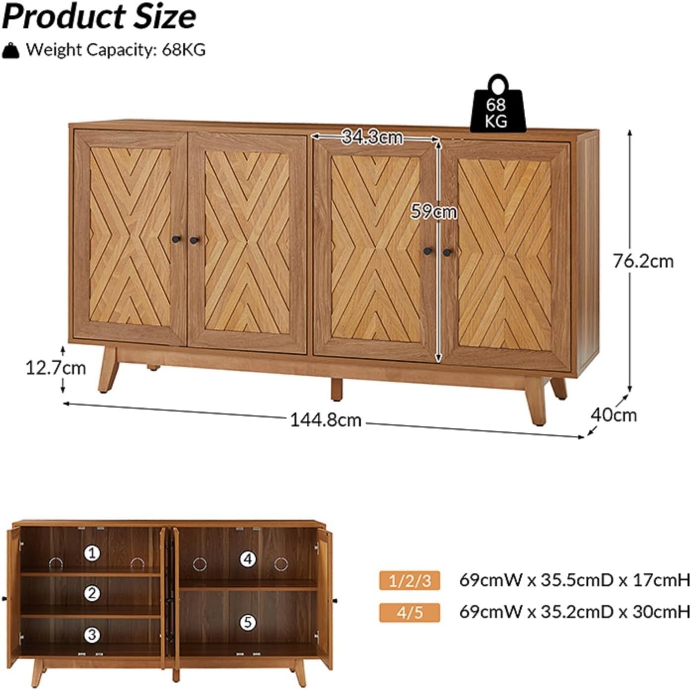 Walnut Sideboard Cabinet Chevron Design Adjustable Shelves Solid Legs