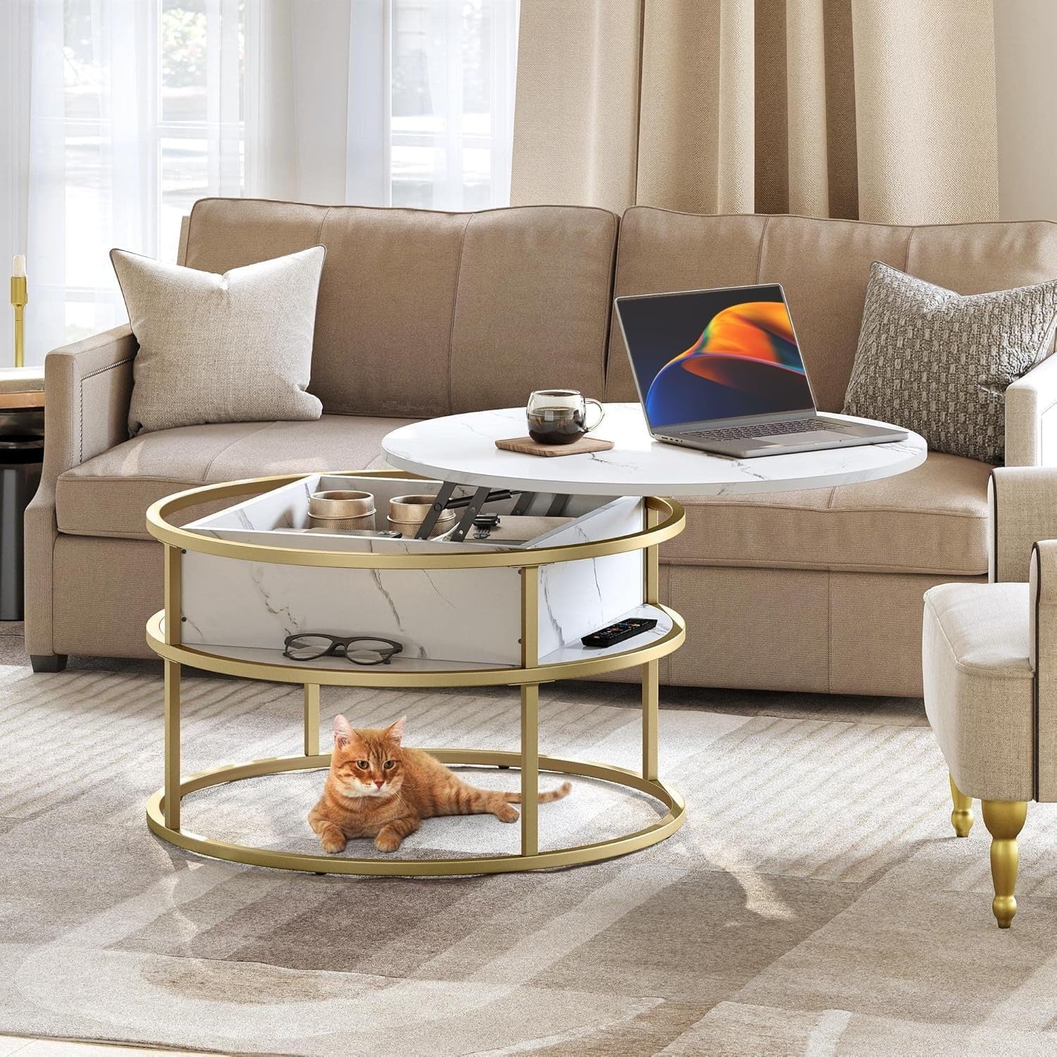 Round Lift Top Coffee Table White Gold 80x80x47cm with Hidden Storage