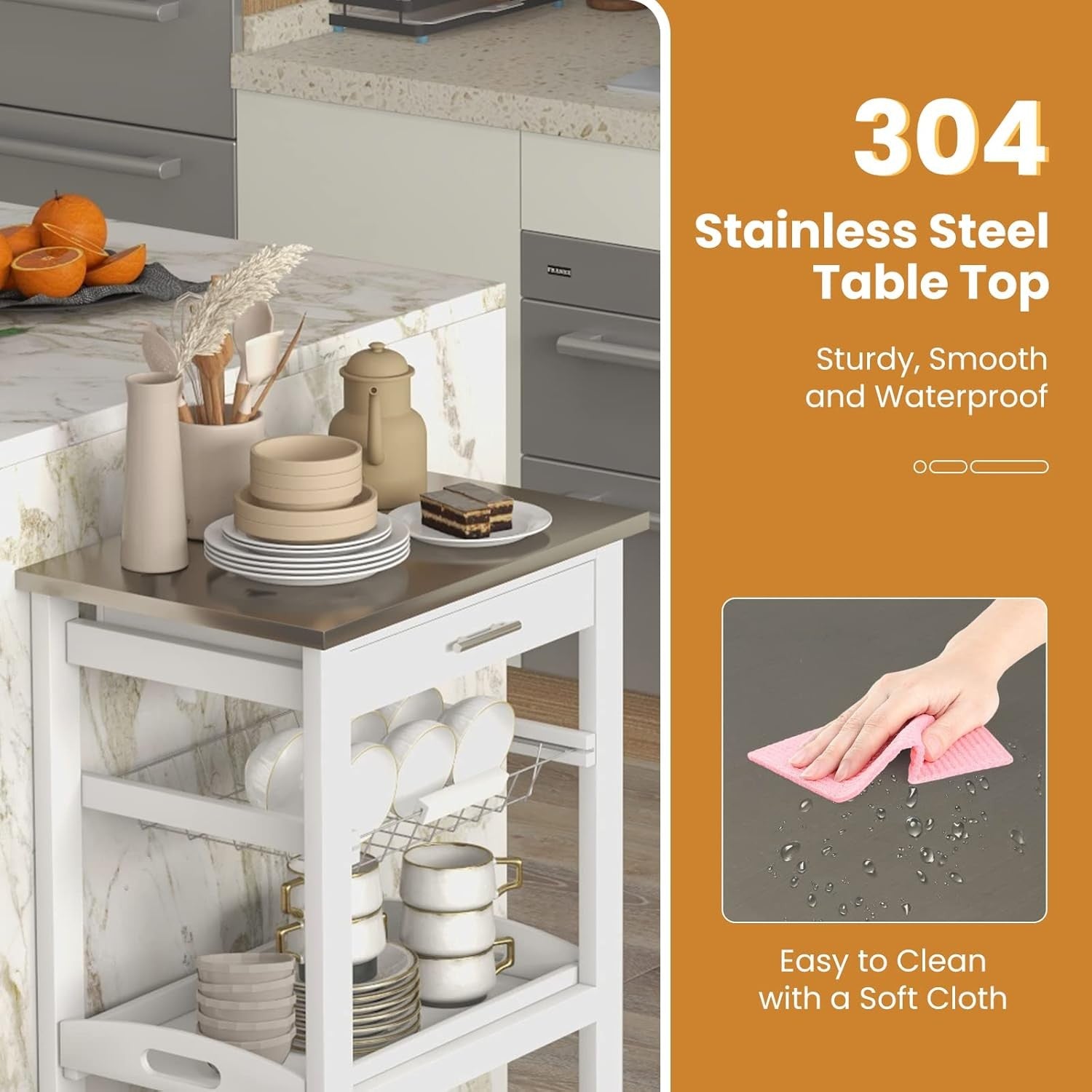 Kitchen Trolley on Wheels Storage Cart Stainless Steel Top Drawer